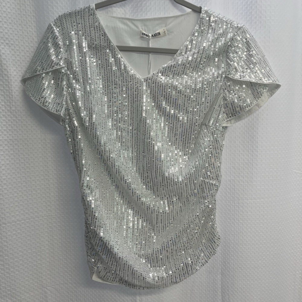 Grace Karin Silver Sequin Ruched T Shirt Top Large